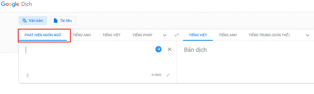 Chức năng phát hiện ngôn ngữ của Google Dịch